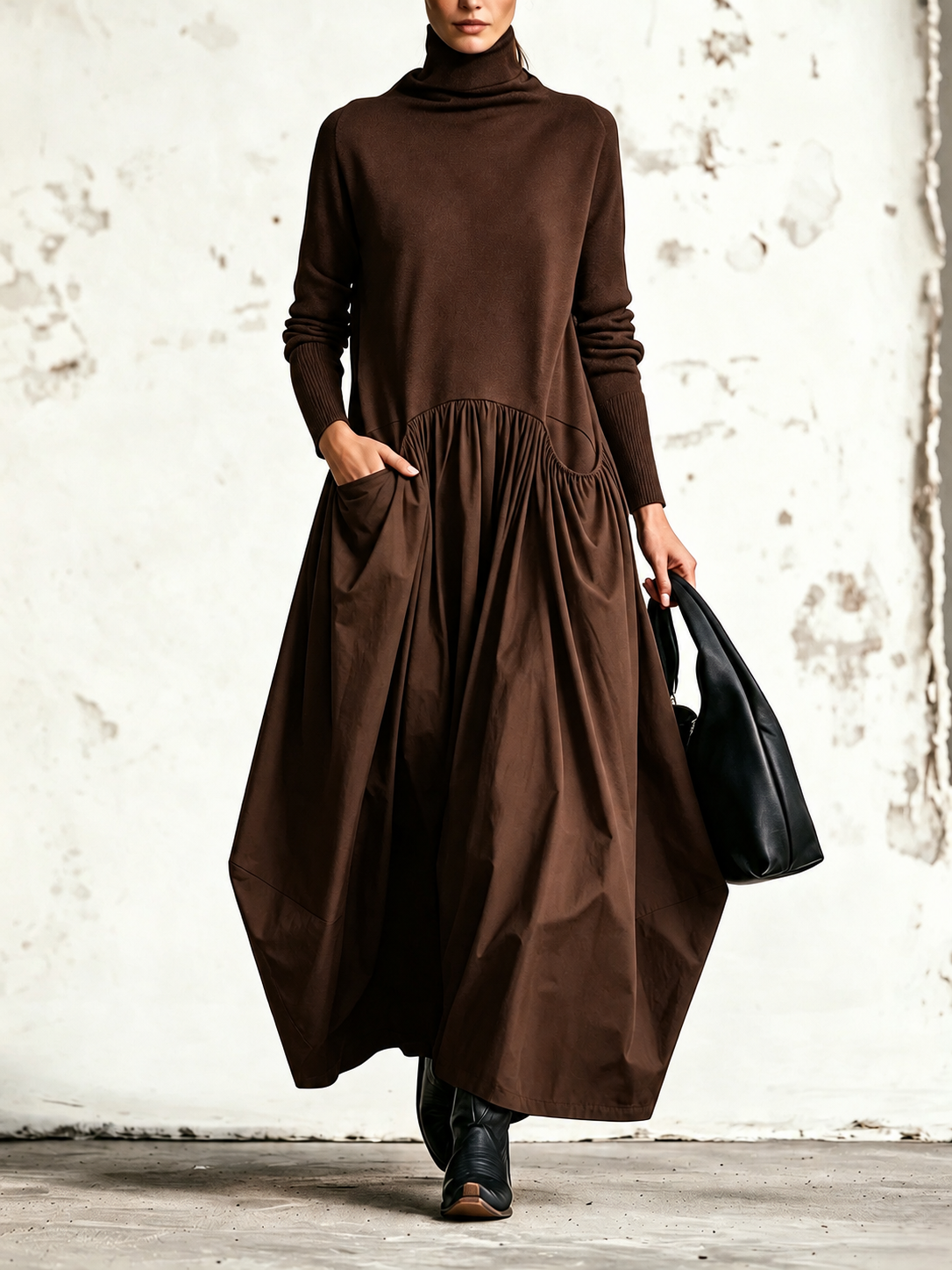 Ilaria | Abito Maxi Oversize a Collo Alto con Tasche