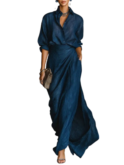 Domenica – completo blu con camicia oversize e gonna lunga, vista frontale