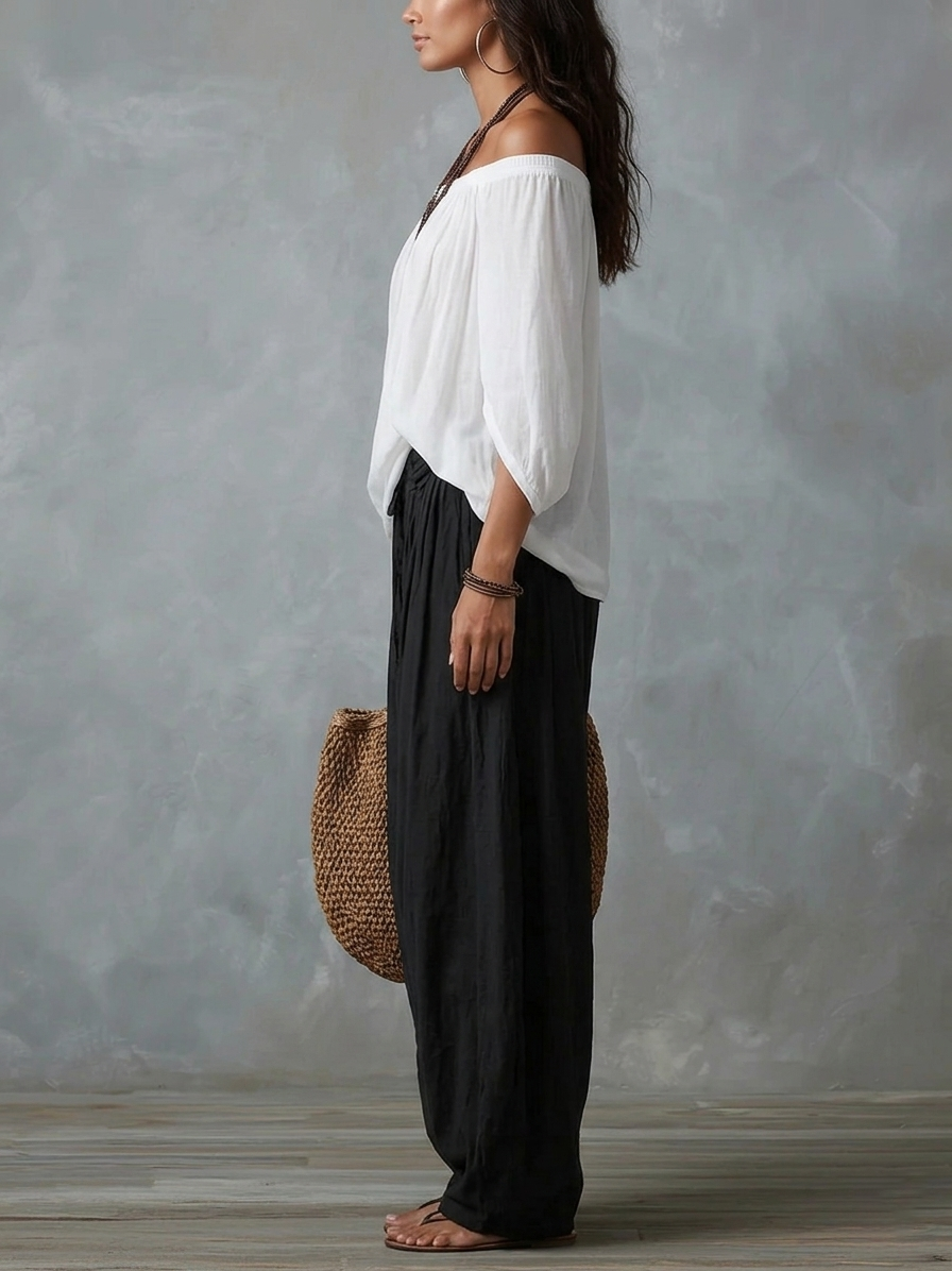 Pervinca, completo top spalle scoperte e pantalone a palloncino, bianco e nero