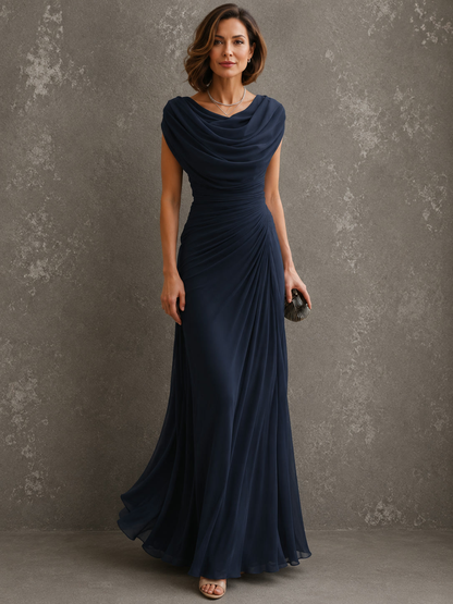 Regina, abito lungo con scollo drappeggiato, blu navy