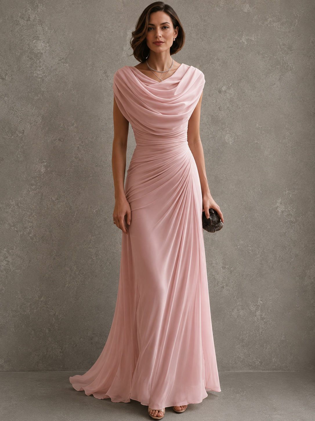 Regina, abito lungo con scollo drappeggiato, rosa