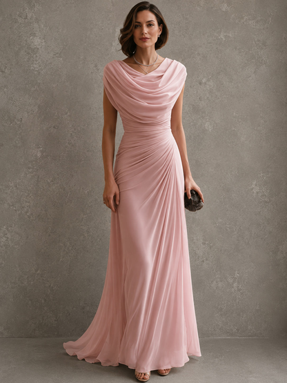 Regina, abito lungo con scollo drappeggiato, rosa