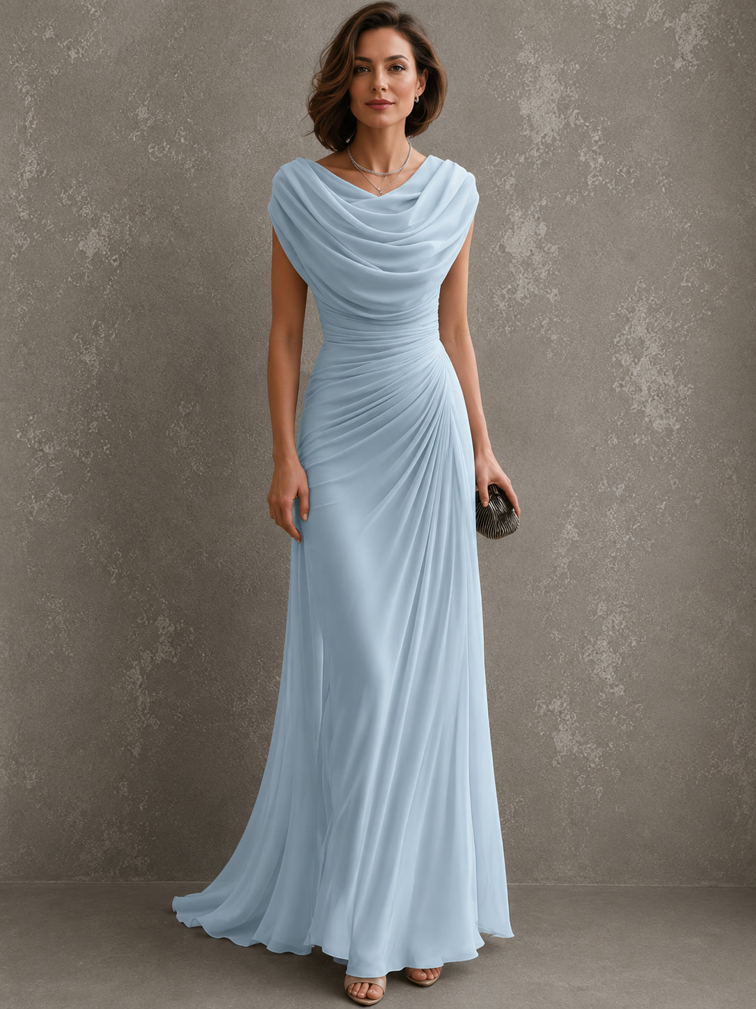 Regina, abito lungo con scollo drappeggiato, azzurro