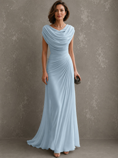 Regina, abito lungo con scollo drappeggiato, azzurro