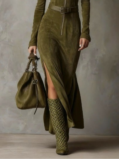 Berta | Abito Midi Effetto Scamosciato con Cintura e Zip, Verde Oliva