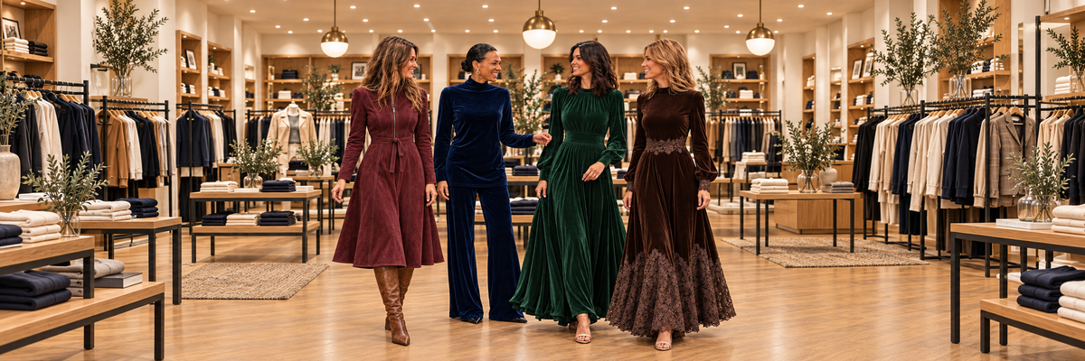 La Misura Giusta: quattro donne nella boutique con abiti bordeaux, blu navy, verde bottiglia e cioccolato