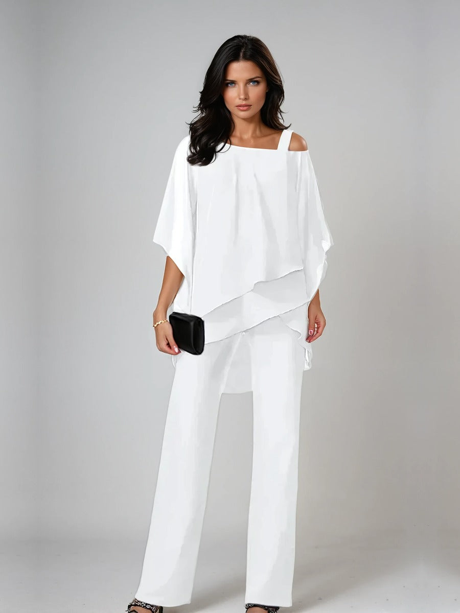 Leonilde, completo due pezzi con blusa sovrapposta e pantaloni a gamba larga, bianco