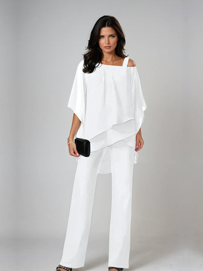 Leonilde, completo due pezzi con blusa sovrapposta e pantaloni a gamba larga, bianco