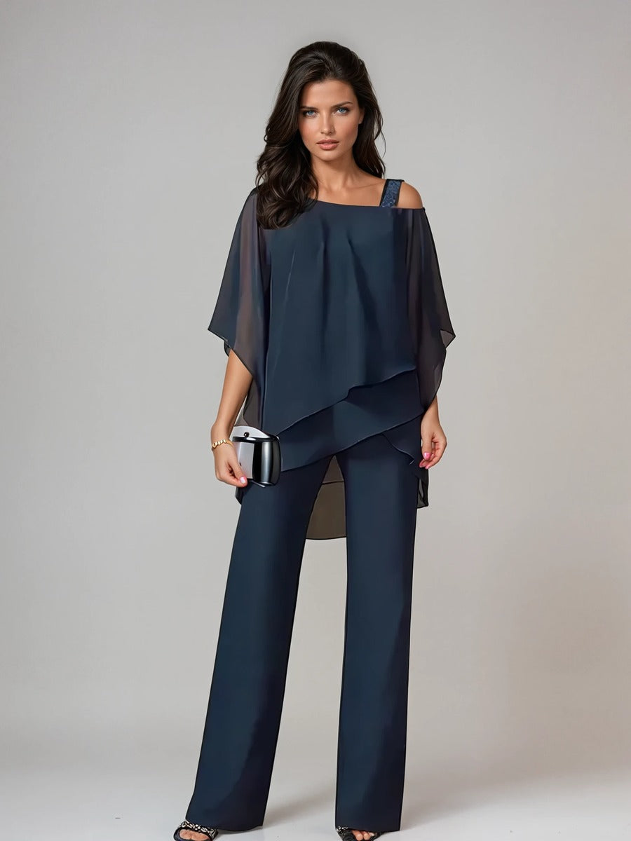 Leonilde, completo due pezzi con blusa sovrapposta e pantaloni a gamba larga, blu navy