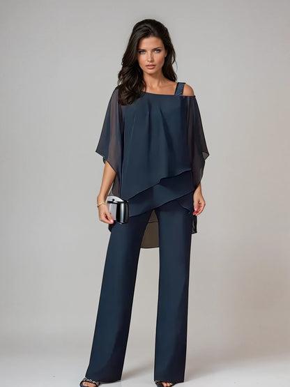 Leonilde, completo due pezzi con blusa sovrapposta e pantaloni a gamba larga, blu navy
