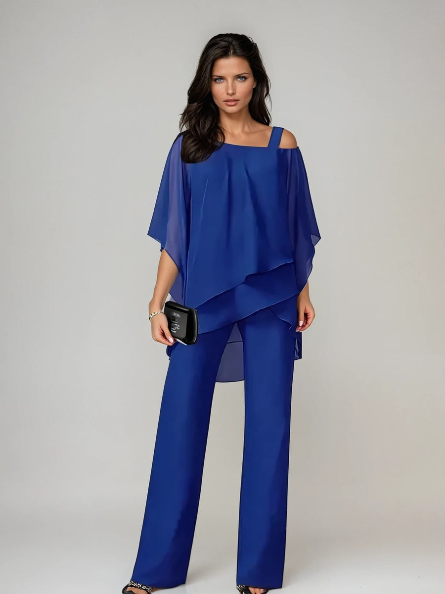 Leonilde, completo due pezzi con blusa sovrapposta e pantaloni a gamba larga, blu
