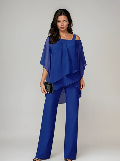 Leonilde, completo due pezzi con blusa sovrapposta e pantaloni a gamba larga, blu