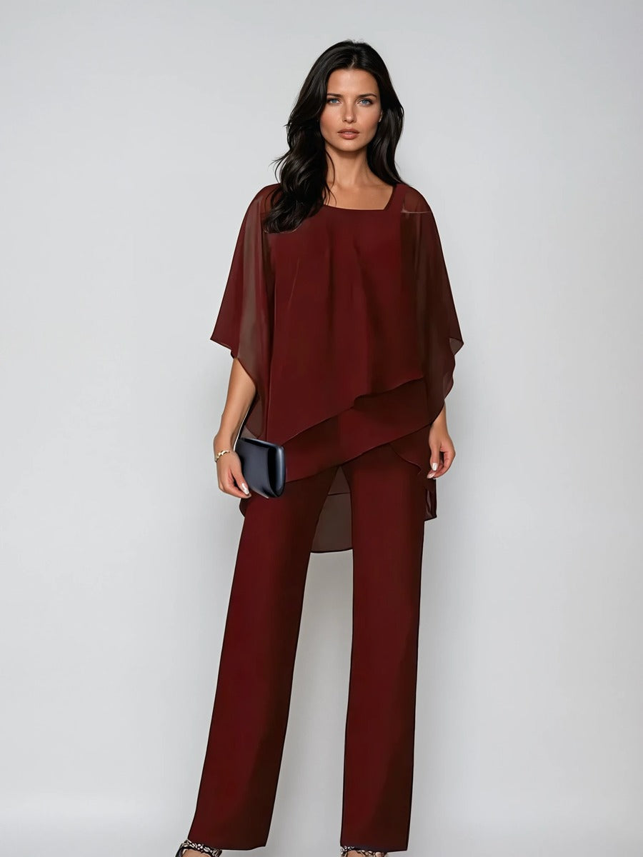 Leonilde, completo due pezzi con blusa sovrapposta e pantaloni a gamba larga, bordeaux