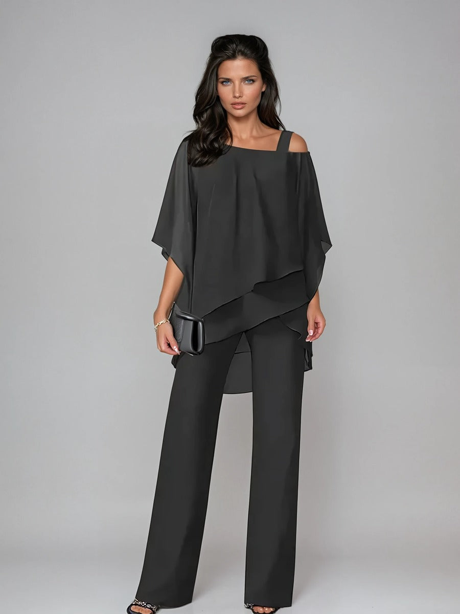 Leonilde, completo due pezzi con blusa sovrapposta e pantaloni a gamba larga, nero