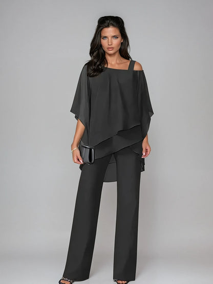 Leonilde, completo due pezzi con blusa sovrapposta e pantaloni a gamba larga, nero