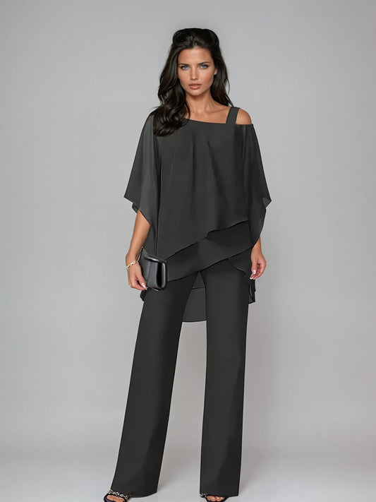 Leonilde, completo due pezzi con blusa sovrapposta e pantaloni a gamba larga, nero