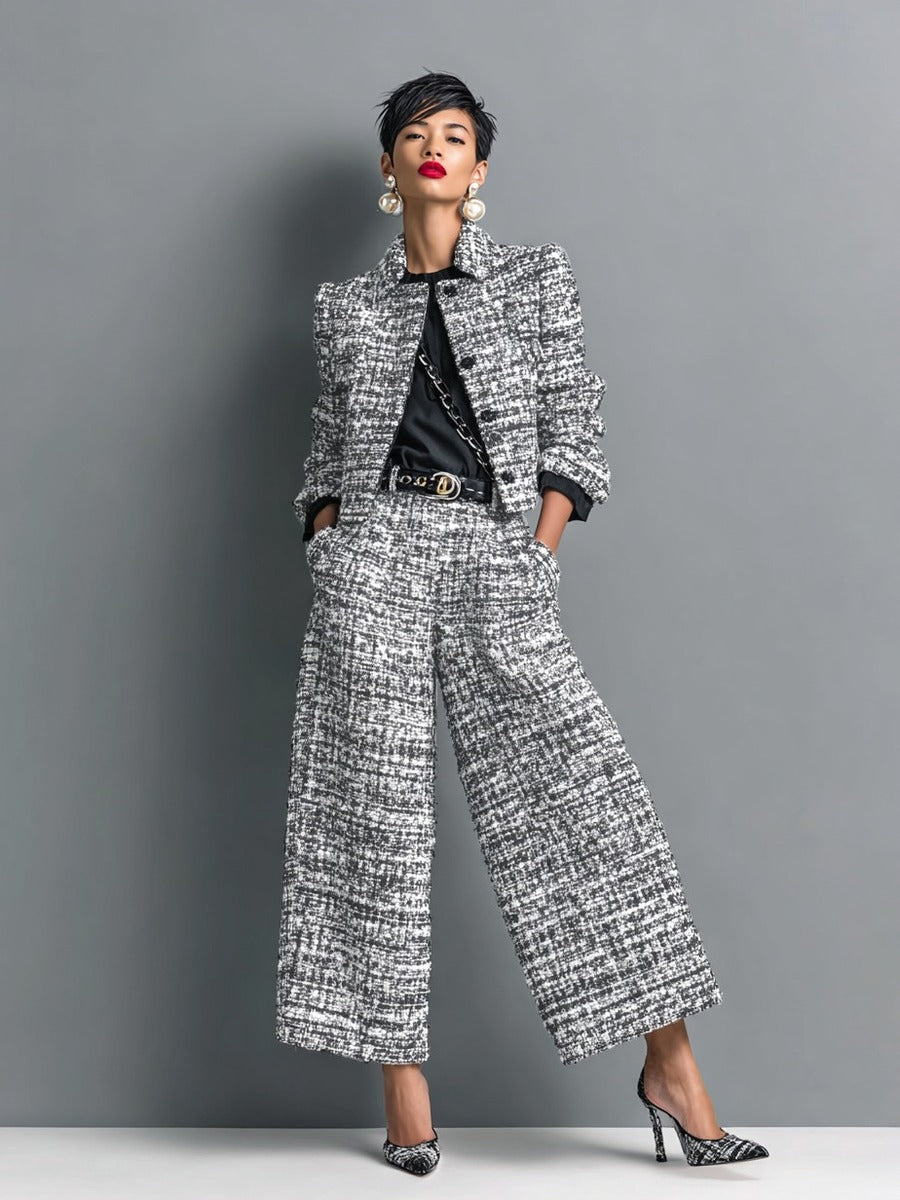 Leontina, completo giacca corta effetto tweed e pantaloni a gamba larga, bianco e nero
