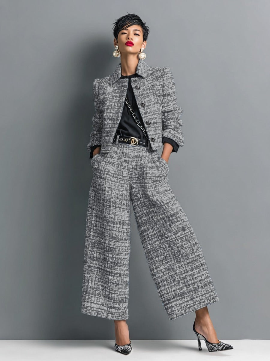 Leontina, completo giacca corta effetto tweed e pantaloni a gamba larga, grigio