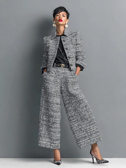 Leontina, completo giacca corta effetto tweed e pantaloni a gamba larga, grigio