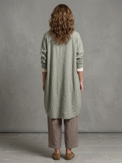 Liberata — completo tre pezzi effetto lino con cardigan salvia e pantalone palazzo tortora, vista posteriore