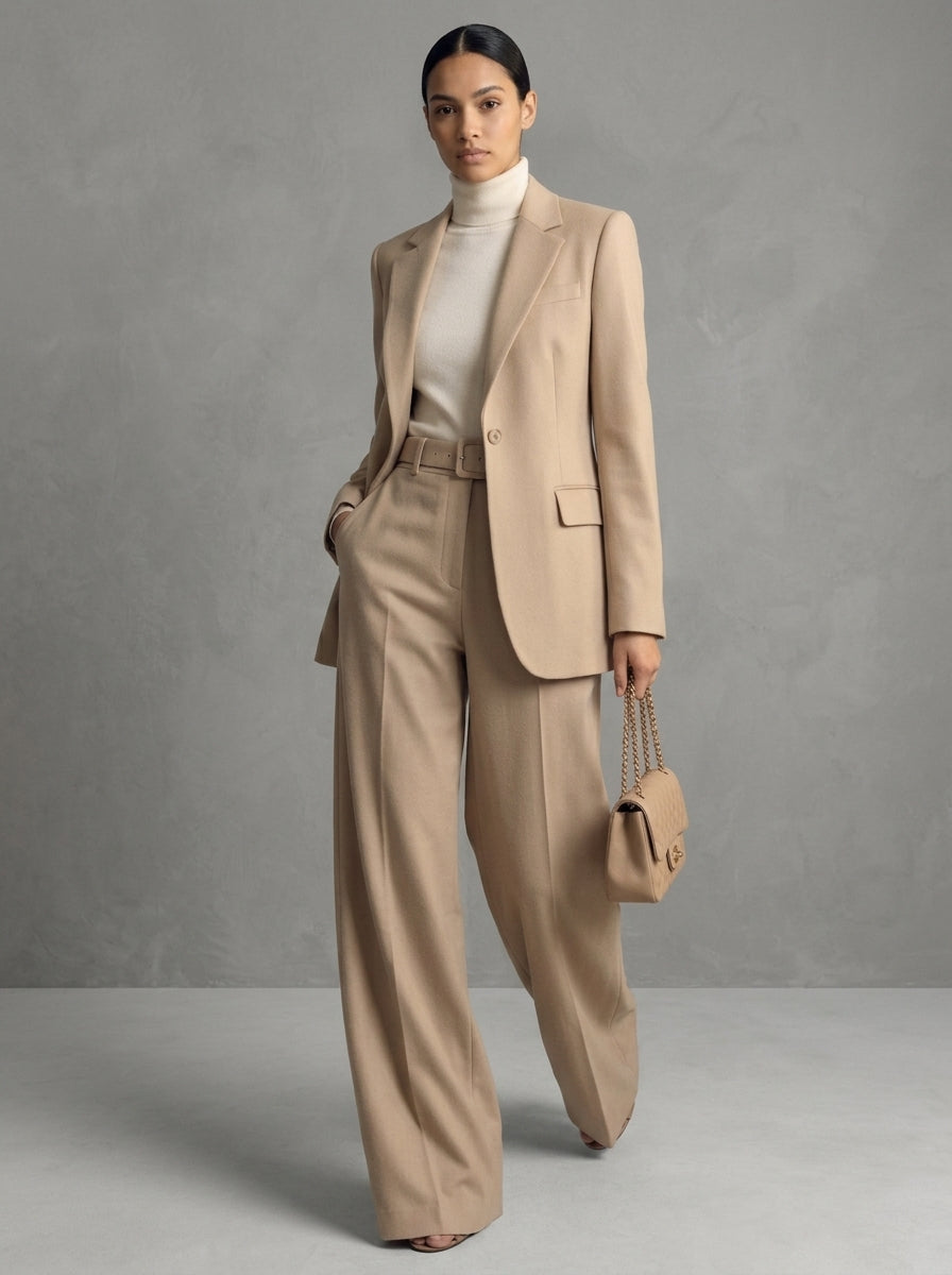 Matelda — completo blazer e pantalone a palazzo beige sabbia, figura intera in movimento