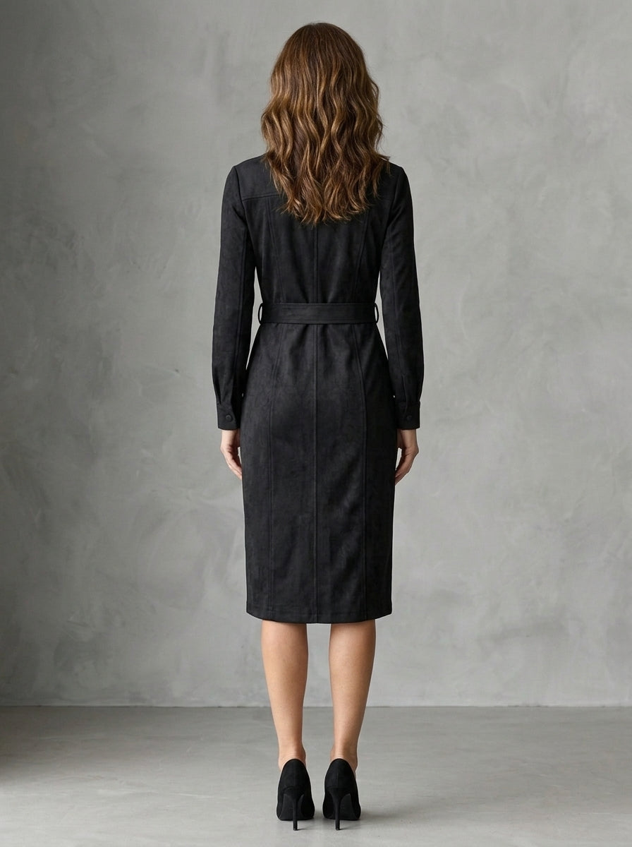 Maurizia — abito midi nero effetto suede con cintura, vista posteriore