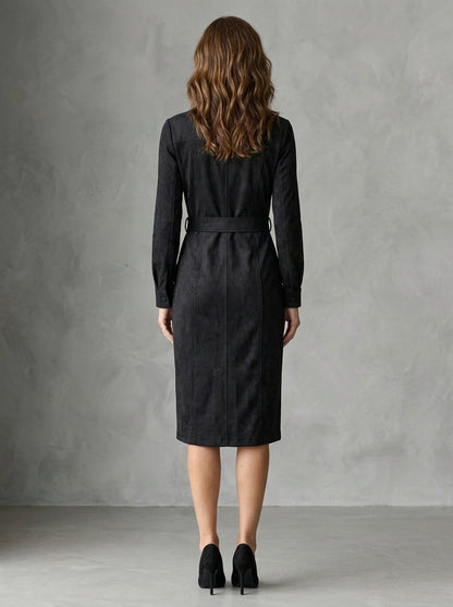 Maurizia — abito midi nero effetto suede con cintura, vista posteriore