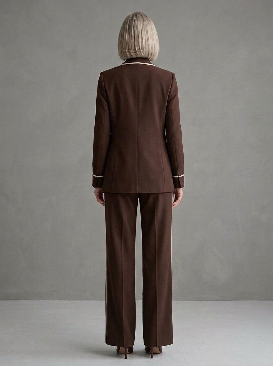 Miriam — completo blazer e pantalone cioccolato con profili panna, vista posteriore