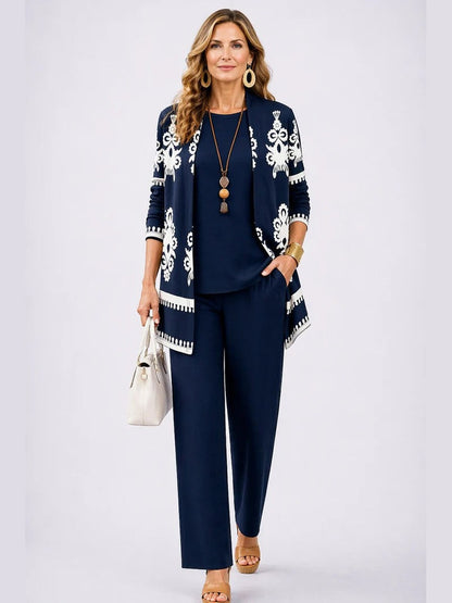 Nazarena, completo tre pezzi giacca aperta, top e pantaloni, blu scuro