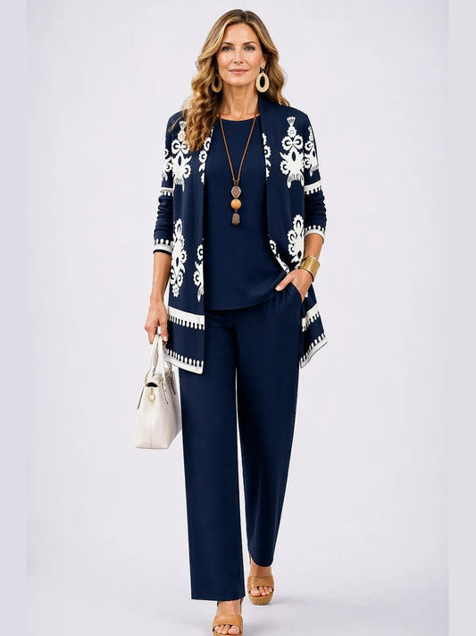 Nazarena, completo tre pezzi giacca aperta, top e pantaloni, blu scuro