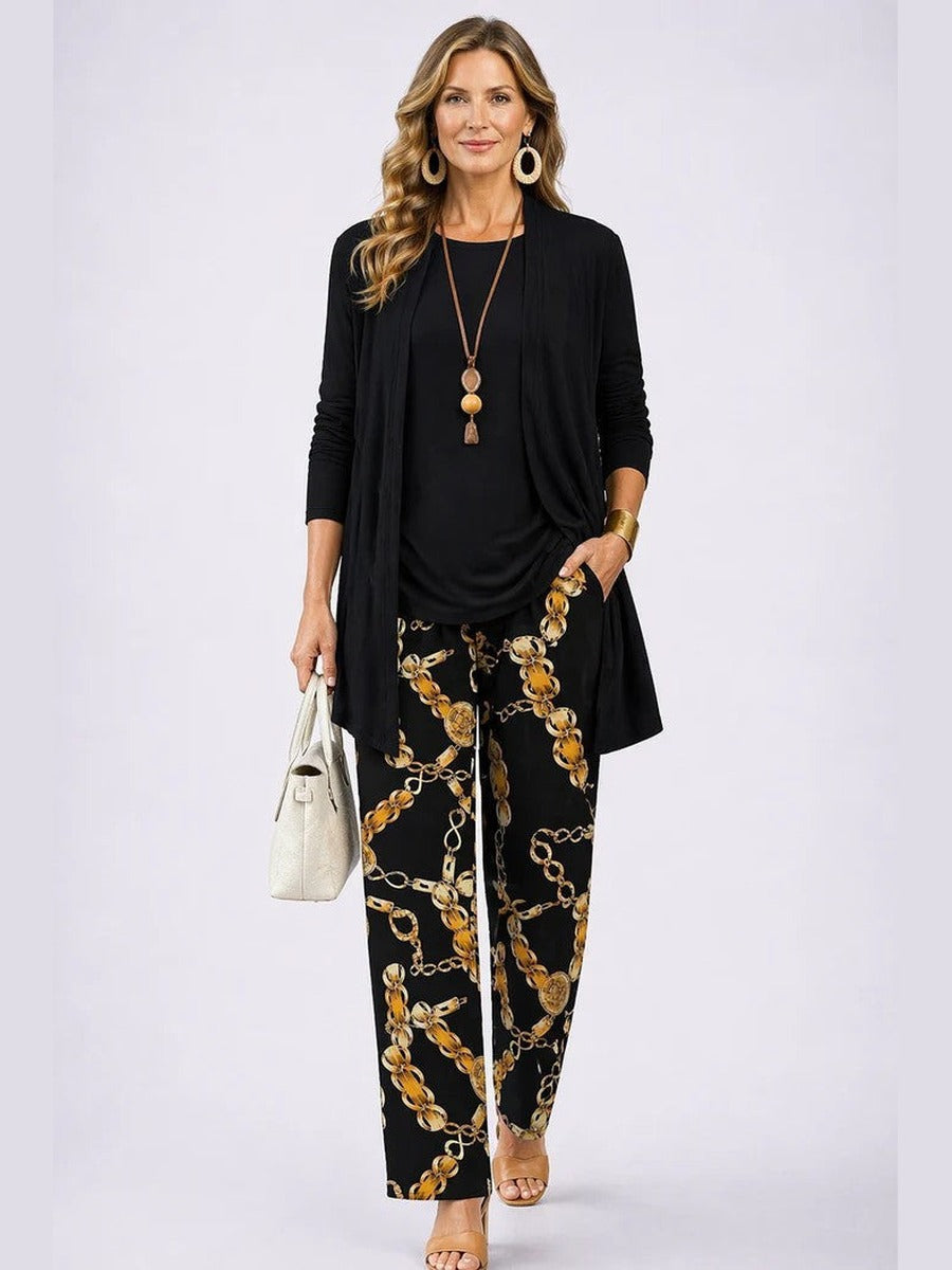 Nazarena, completo tre pezzi giacca aperta, top e pantaloni, nero