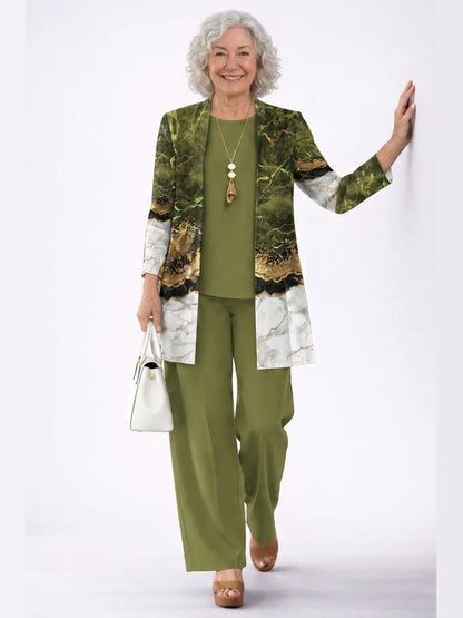 Nazarena, completo tre pezzi giacca aperta, top e pantaloni, verde oliva