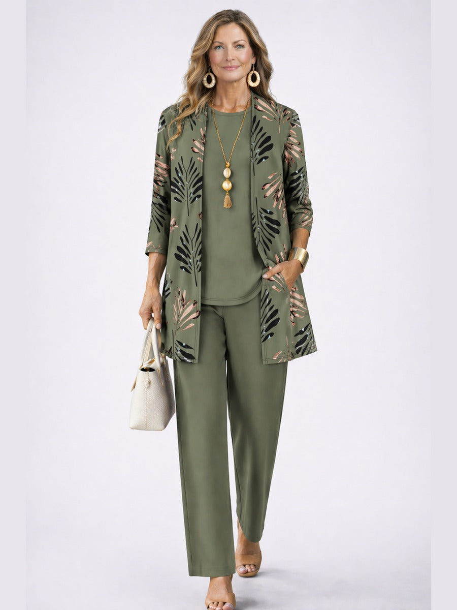 Nazarena, completo tre pezzi giacca aperta, top e pantaloni, verde