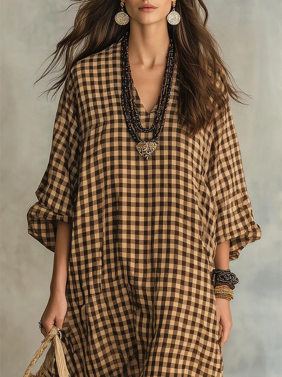 Cristina | Abito Maxi Oversize a Quadretti con Scollo a V
