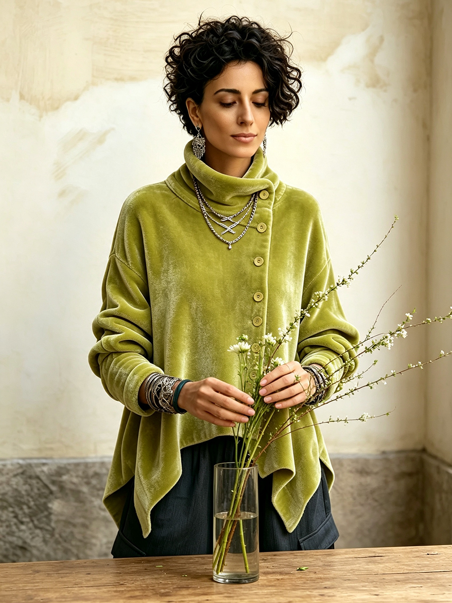 Capucine | Top in Velluto con Collo Alto e Bottoni Asimmetrici