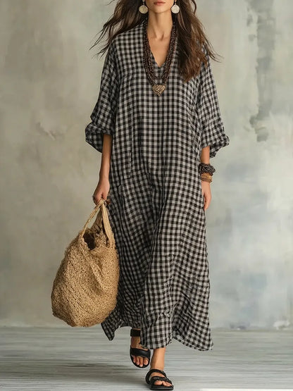 Cristina | Abito Maxi Oversize a Quadretti con Scollo a V