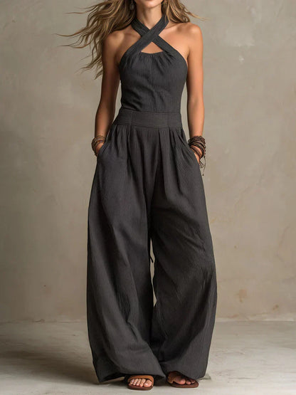 Bianca — Tuta Pantalone Ampio Scollo Incrociato