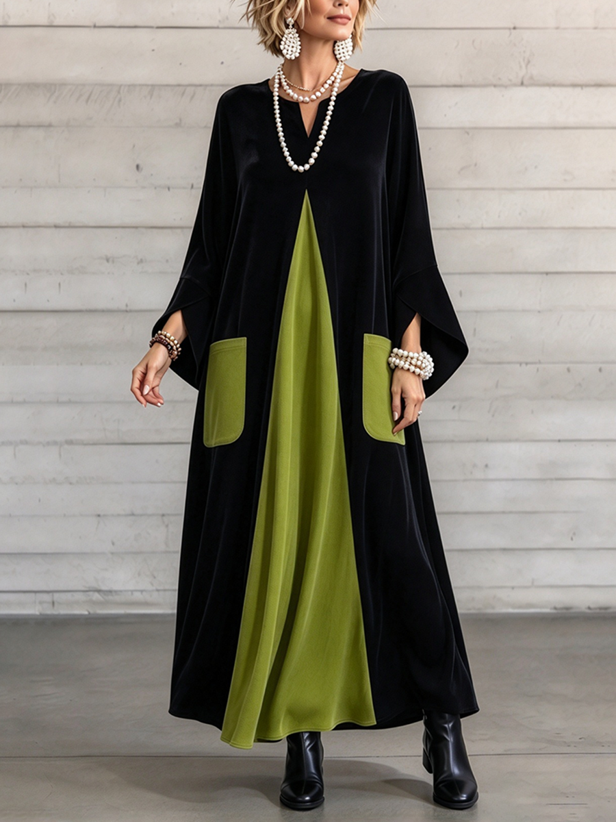 Elisenda – abito lungo effetto velluto nero con inserto centrale verde, vista frontale