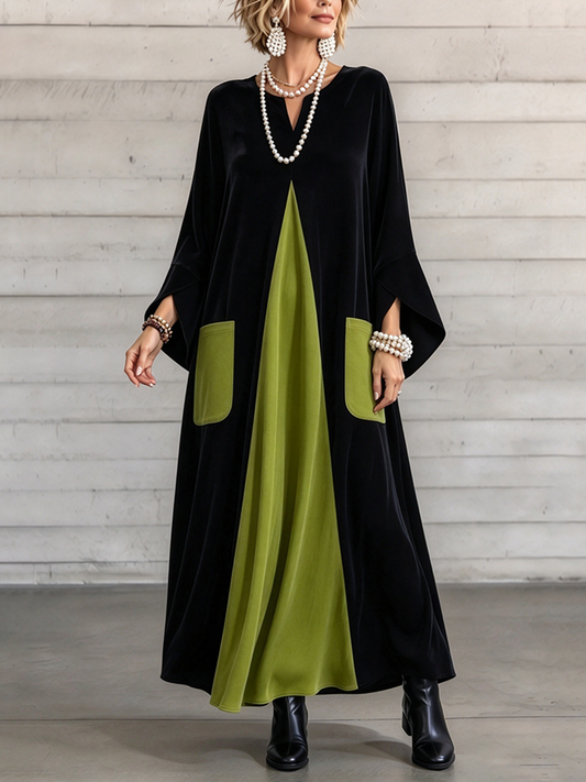 Elisenda – abito lungo effetto velluto nero con inserto centrale verde, vista frontale