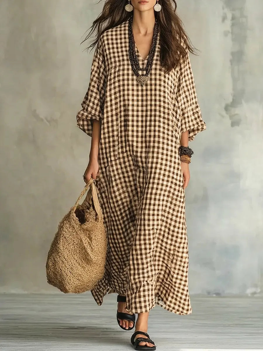 Cristina | Abito Maxi Oversize a Quadretti con Scollo a V