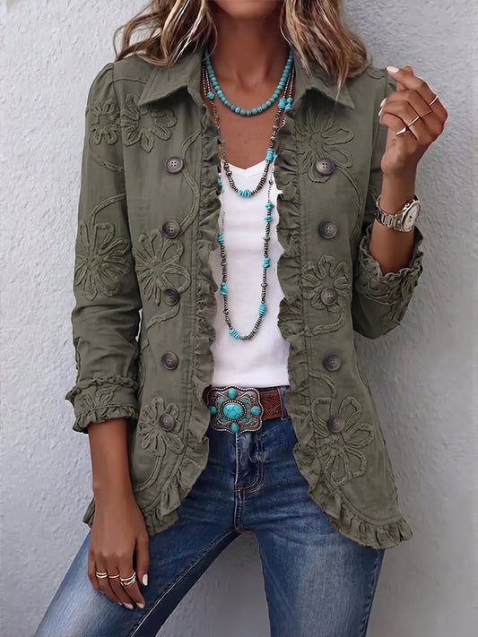 Faustine | Giacca Utility con Ricamo Floreale e Volant, Verde Oliva