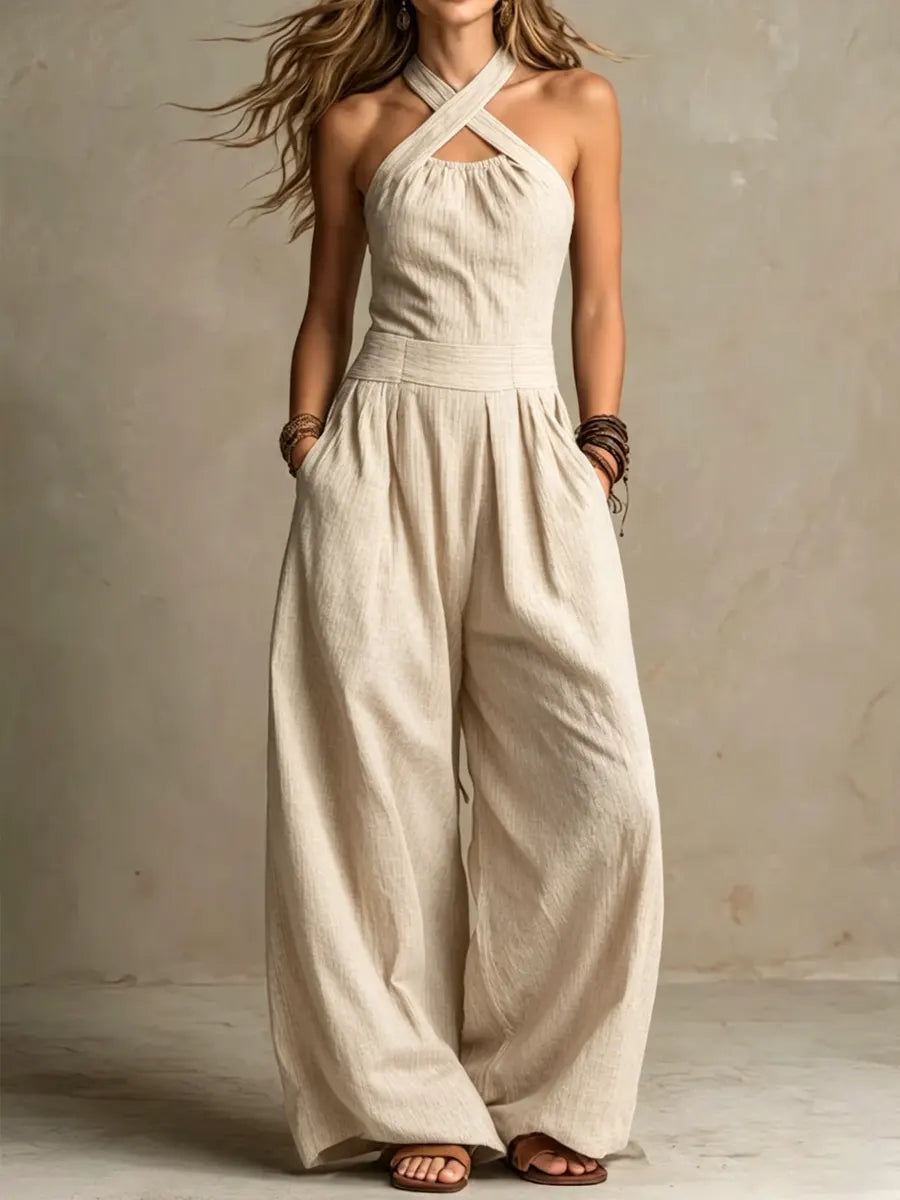 Bianca — Tuta Pantalone Ampio Scollo Incrociato