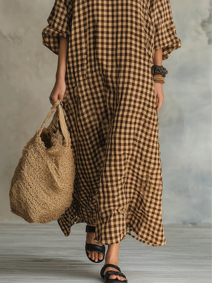 Cristina | Abito Maxi Oversize a Quadretti con Scollo a V