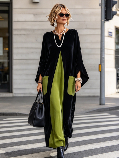 Elisenda – abito lungo effetto velluto nero con inserto centrale verde, vista frontale