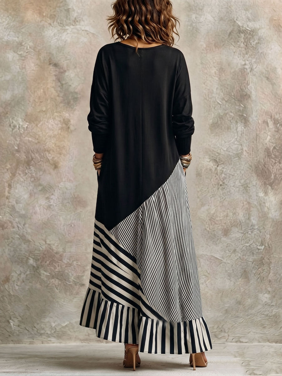 Alice | Abito Maxi Nero con Orlo a Righe Asimmetrico