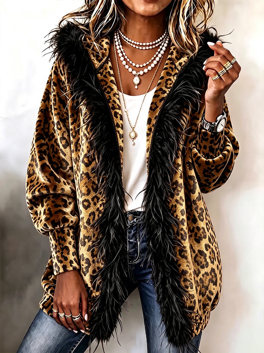 Isabella | Cardigan Leopardato con Cappuccio e Bordi Effetto Piuma