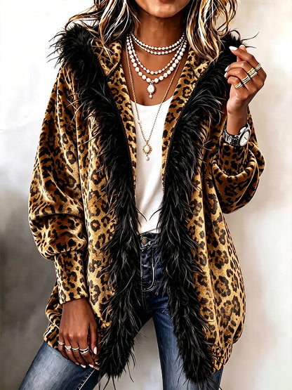 Isabella | Cardigan Leopardato con Cappuccio e Bordi Effetto Piuma