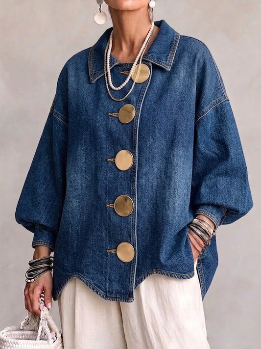 Luciana | Giacca di Jeans Oversize con Maxi Bottoni Dorati e Orlo Ondulato, Blu