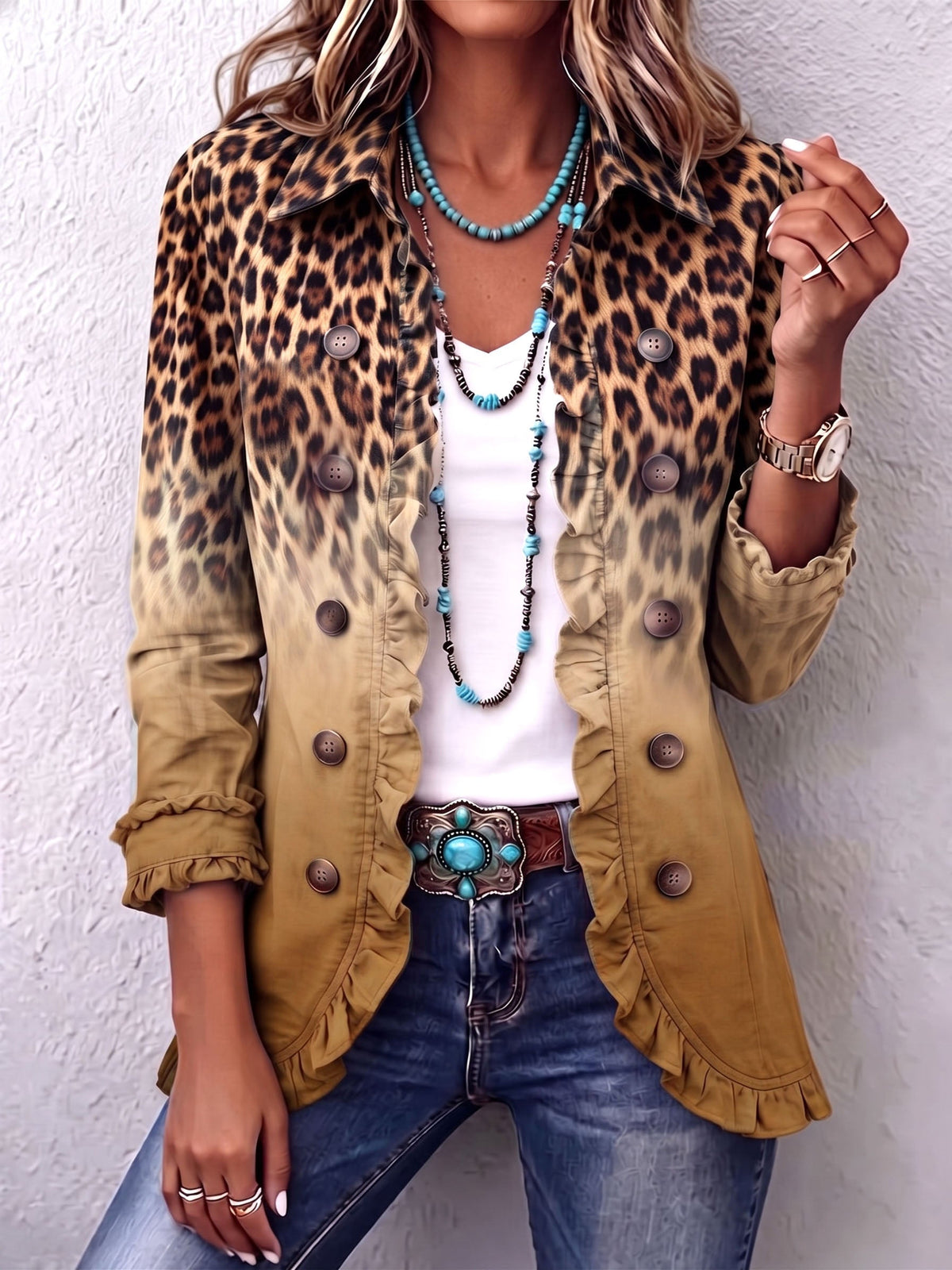Cassandre | Blazer con Volant e Stampa Leopardata Sfumata