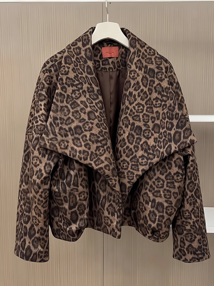 Fausta | Piumino Leopardato Aperto con Collo Ampio